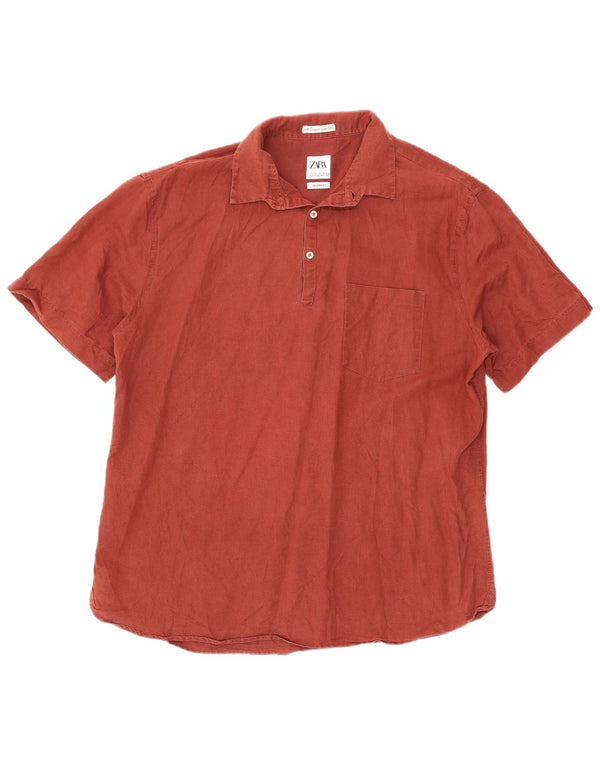 Zara Mens Short Sleeve Relaxed Fit Pullover Shirt Large Burgundy