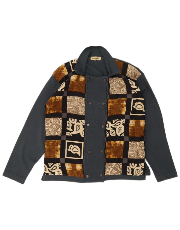 Vintage damski sweter rozpinany z podwójnymi piersiami UK 14, średni szary patchwork