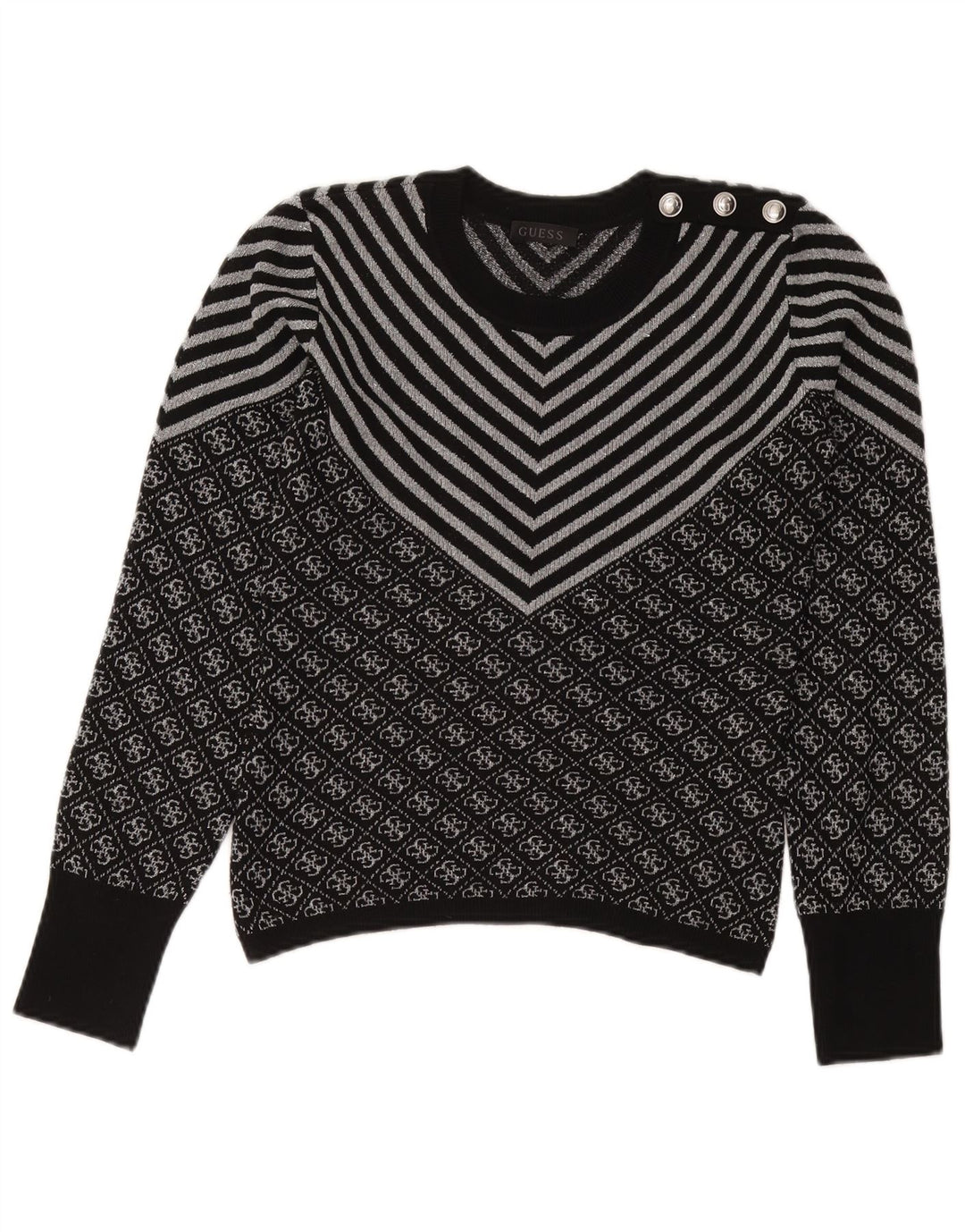 Damski sweter GUESS z okrągłym dekoltem UK 6 XS, czarny, poliestrowy Chevron
