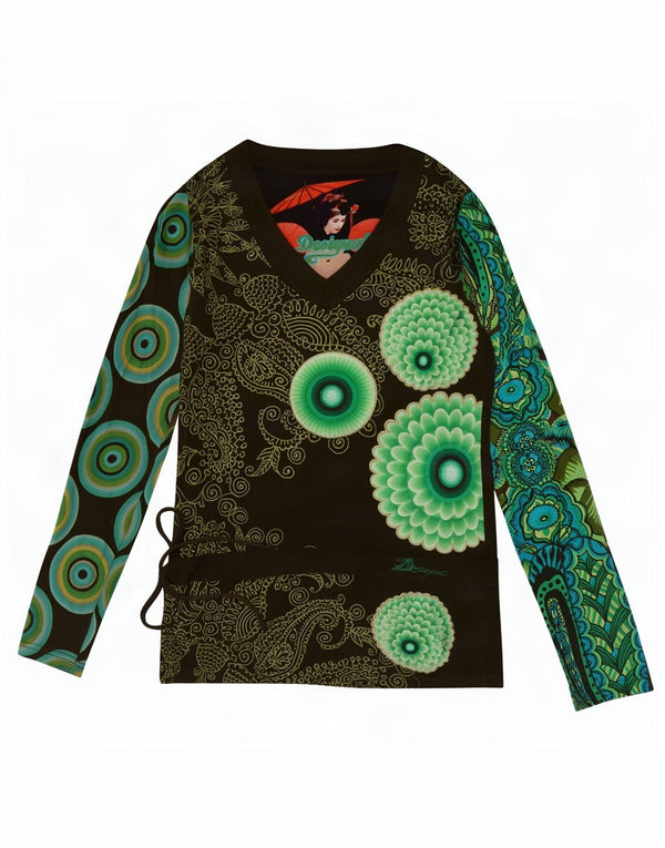Desigual damski top graficzny z długim rękawem, UK 10, mały, khaki, paisley, bawełniany