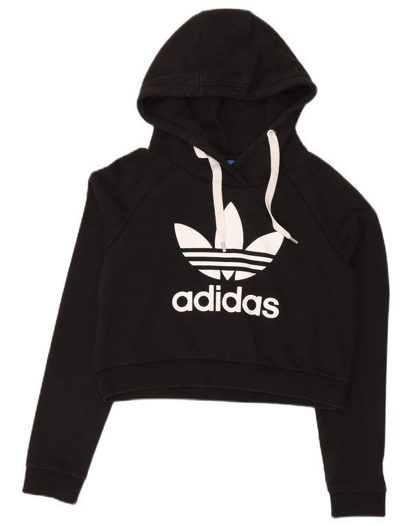 Adidas Womens Crop Graphic Hoodie Jumper UK 12 Medium Black Cotton