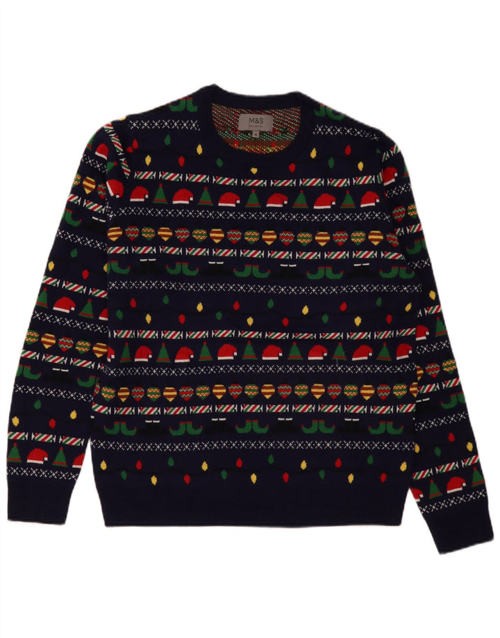 Marks & Spencer Męski sweter z okrągłym dekoltem, średni granatowy, świąteczny