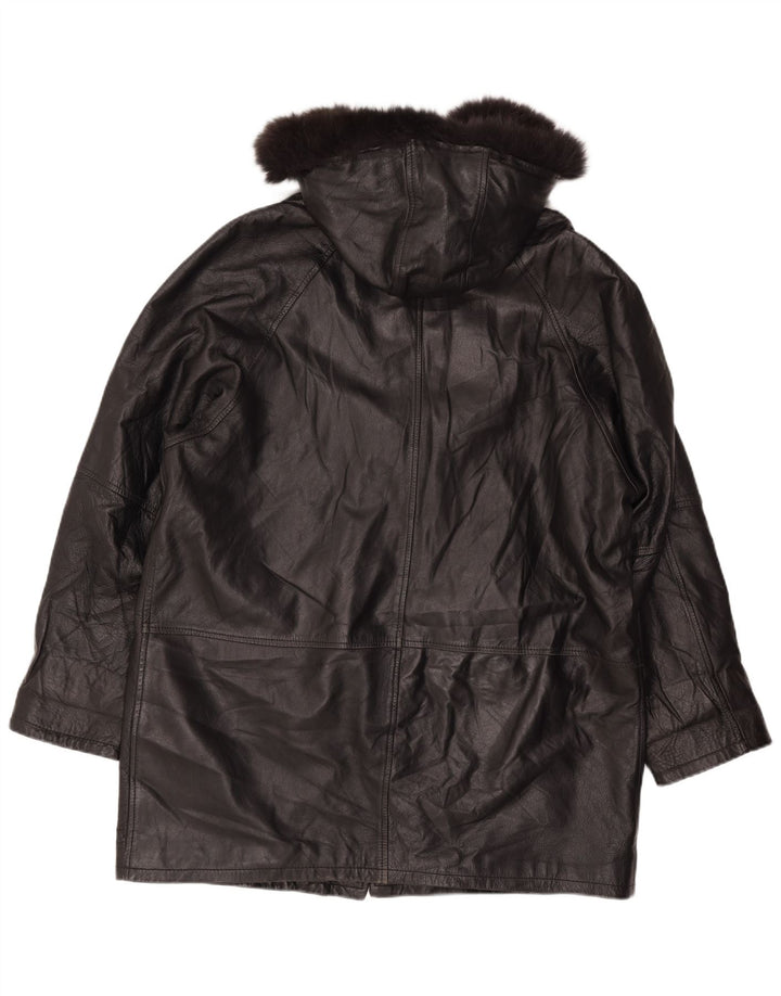 Vintage damski, luźny, skórzany płaszcz z kapturem, UK 18 XL, czarna skóra