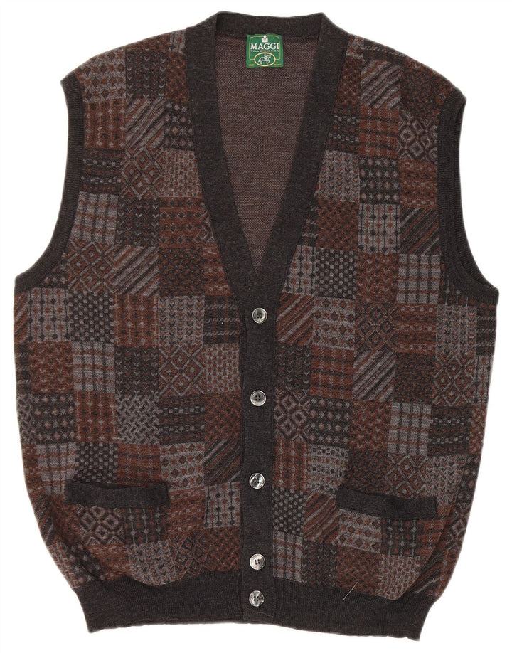 Męski sweter bez rękawów w stylu vintage, średnioszary, geometryczny, z dziewiczej wełny