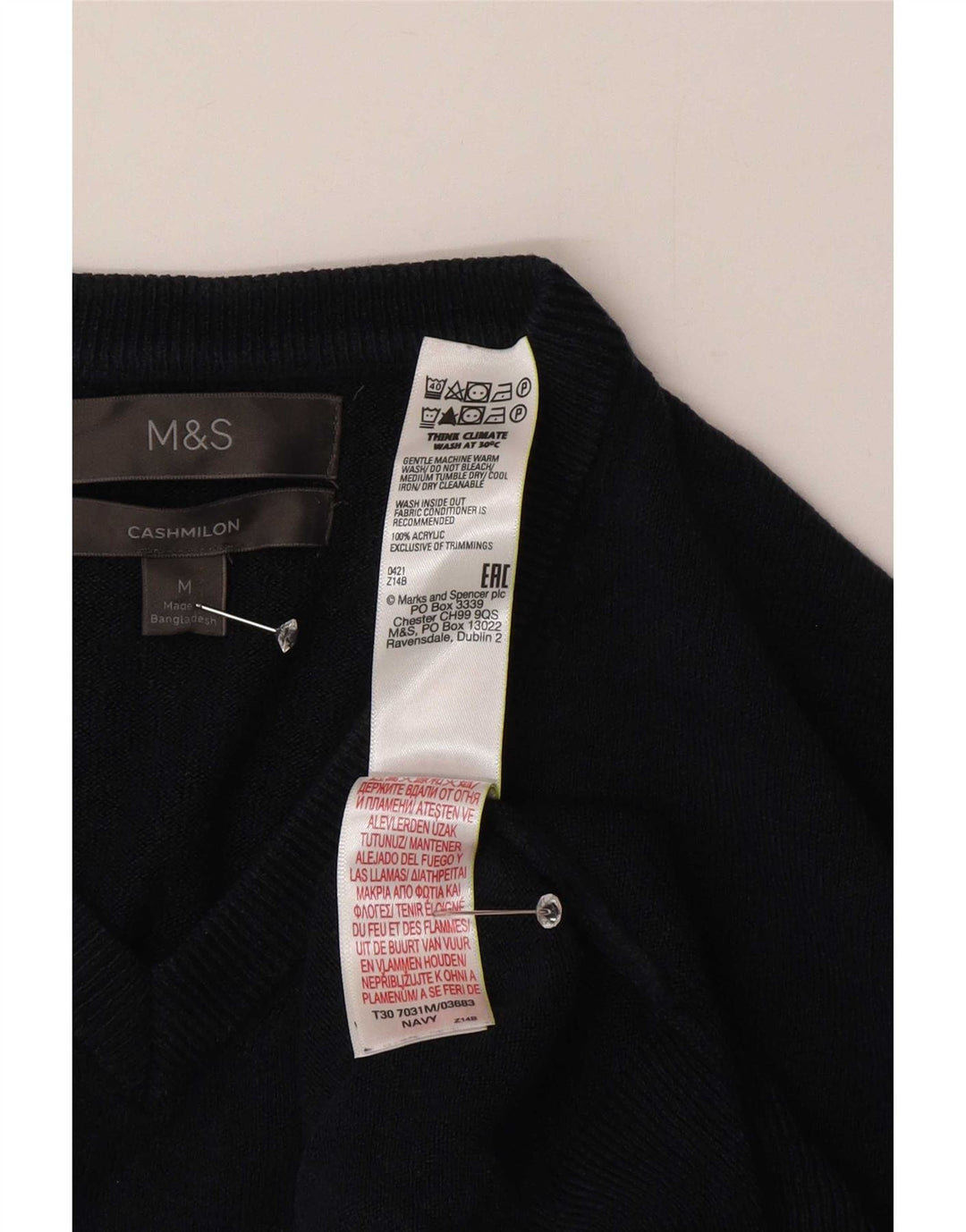 Marks & Spencer Męski sweter z dekoltem w kształcie litery V, średni granatowy akryl