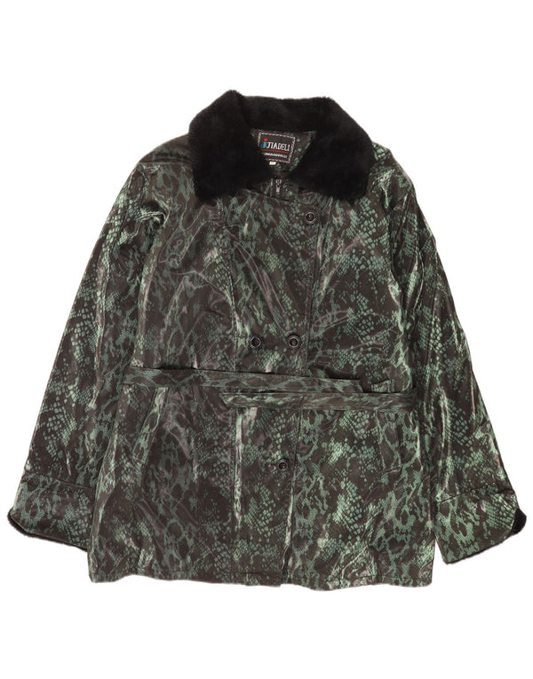 Vintage damski płaszcz z podwójnymi piersiami UK 18 XL, zielony poliester z nadrukiem zwierzęcym