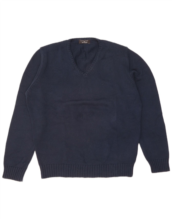 Męski sweter Zara z dekoltem w kształcie litery V, duży, granatowy, bawełniany