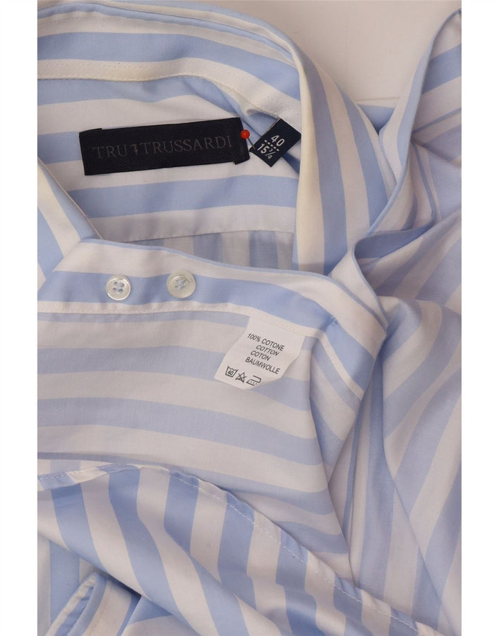 TRUSSARDI Mens Shirt Size 40 15 3/4 Medium Blue Striped Cotton