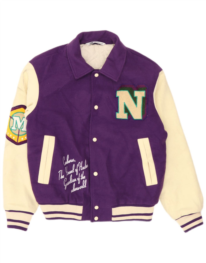 Męska kurtka ZARA Graphic Varsity UK 38, poliester w kolorze średniofioletowym