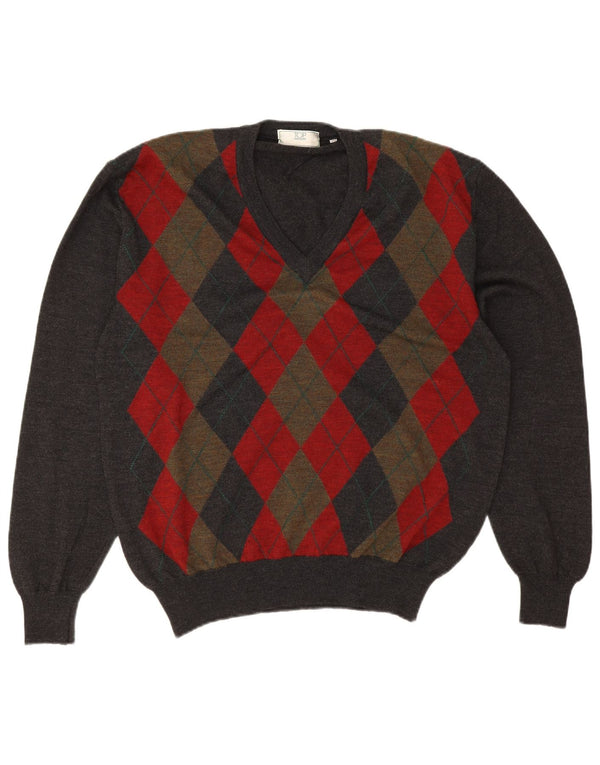 Męski sweter w stylu vintage z dekoltem w szpic IT 50 Średni szary Argyle/Diament