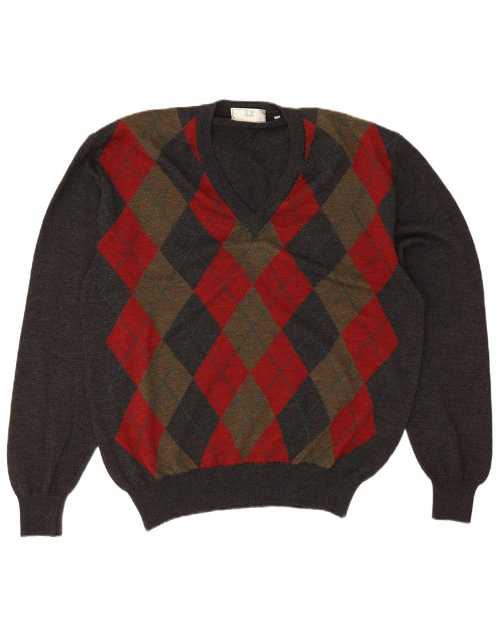 Męski sweter w stylu vintage z dekoltem w szpic IT 50 Średni szary Argyle/Diament