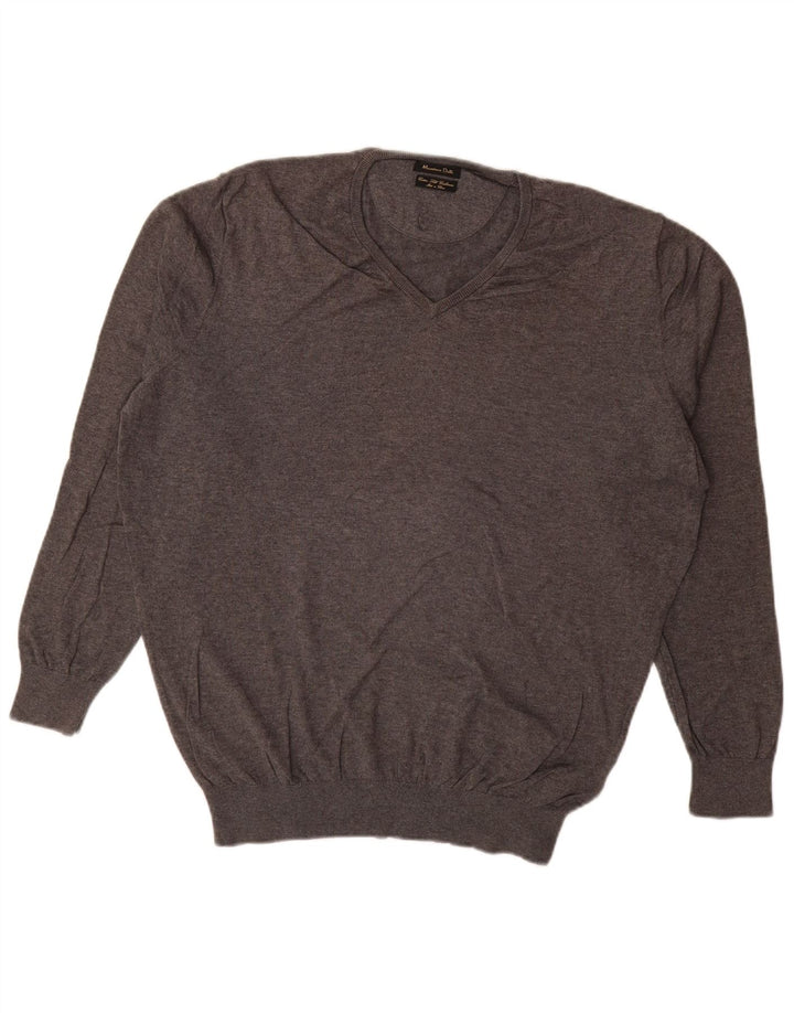 MASSIMO DUTTI Męski sweter z dekoltem w kształcie litery V, XL, szary, bawełniany