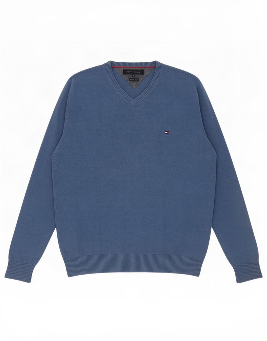 Męski sweter Tommy Hilfiger z dekoltem w kształcie litery V, średnioniebieski, bawełniany