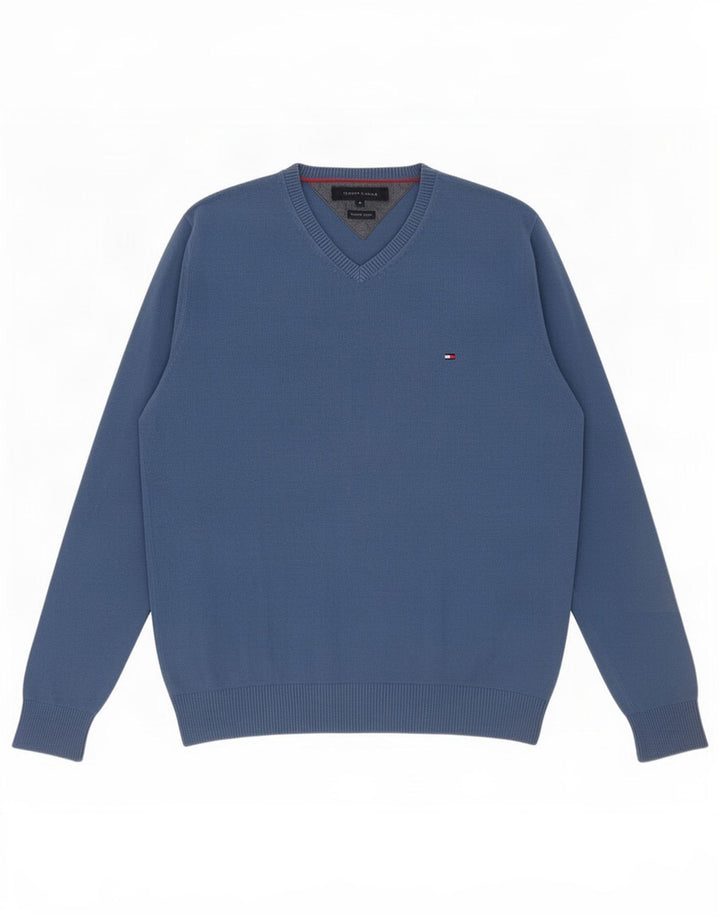 Męski sweter Tommy Hilfiger z dekoltem w kształcie litery V, średnioniebieski, bawełniany