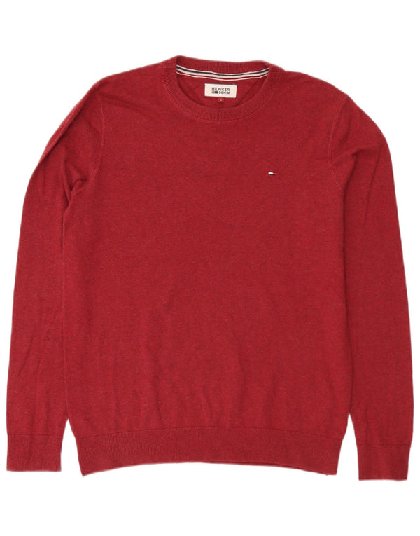 Męski sweter z okrągłym dekoltem Tommy Hilfiger, duży, bordowy, bawełniany