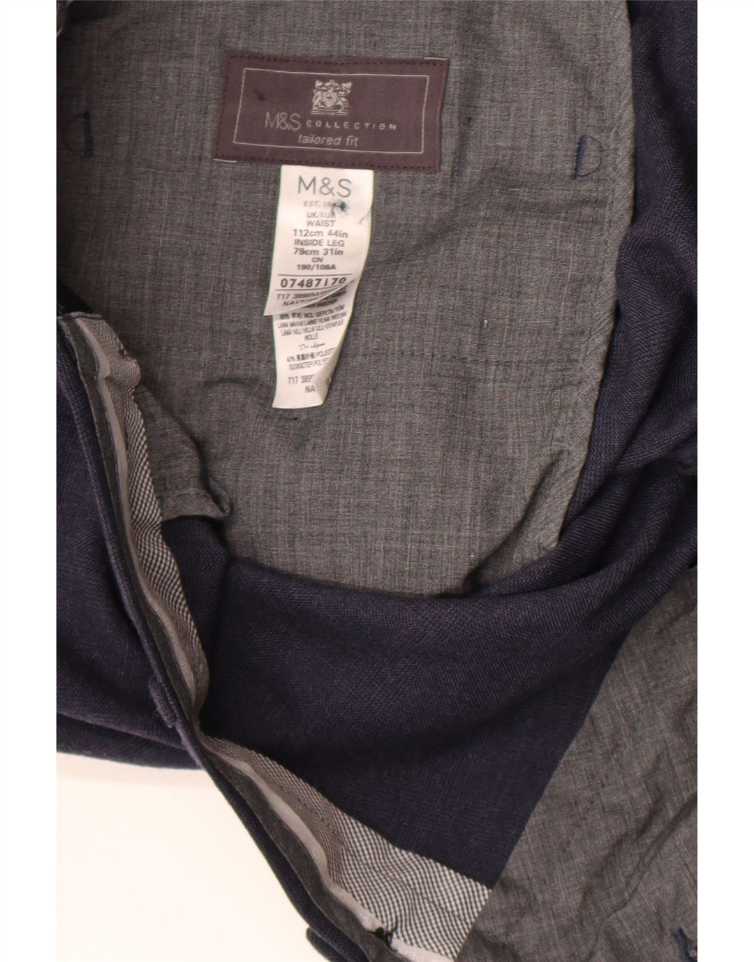 Męskie spodnie garniturowe Marks & Spencer o regularnym kroju W44 L31 Granatowa wełna
