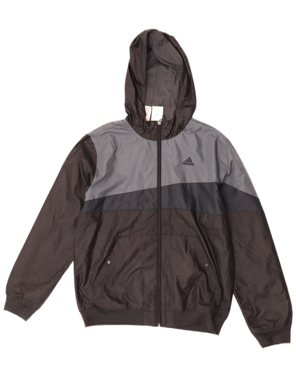 Chłopięca kurtka przeciwdeszczowa Adidas z kapturem, 13-14 lat, czarny poliester z blokami kolorów