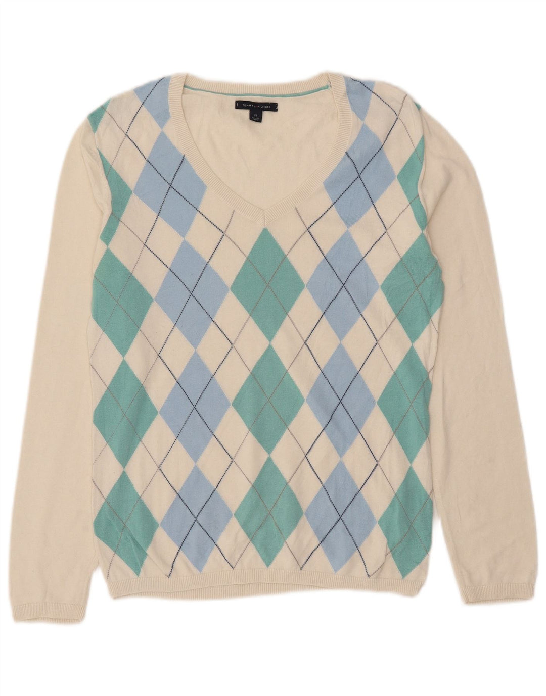 TOMMY HILFIGER Womens V-Neck Jumper Sweater UK 14 Medium Off White
