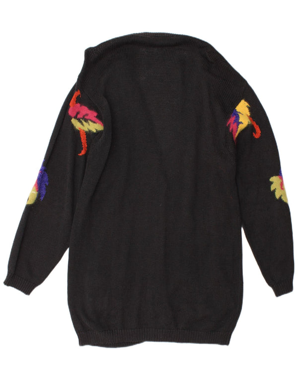 Vintage Womens Longline Cardigan Sweater UK 14 Medium Black Floral Novelty