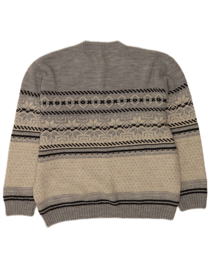 Vintage męski sweter z okrągłym dekoltem, średnio szary, akryl Fair Isle