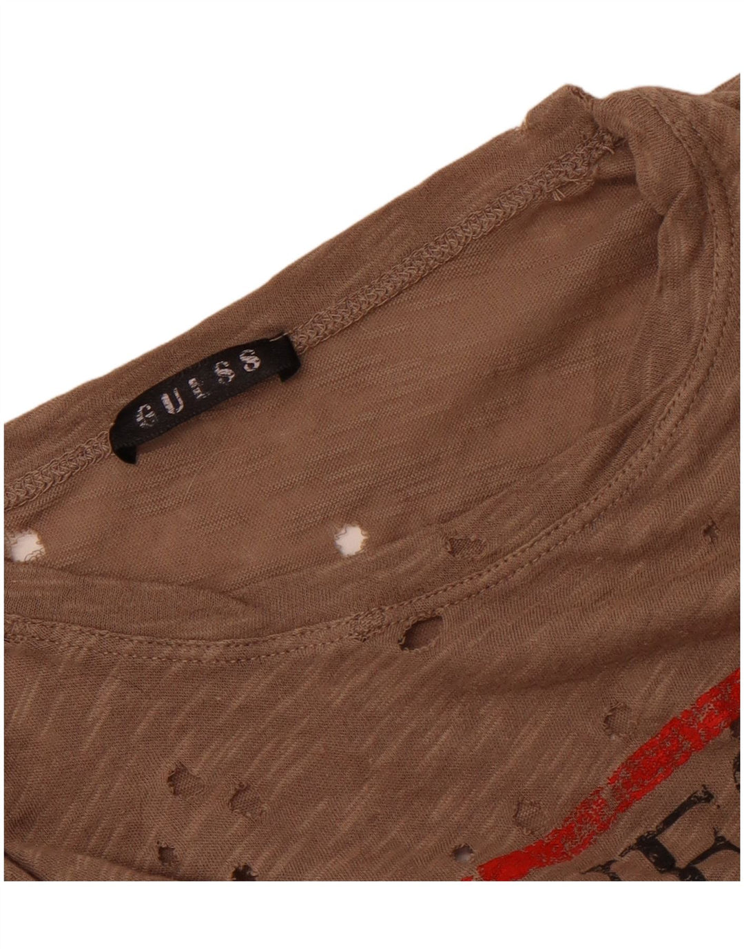 Damska koszulka Guess z perforowaną grafiką Top UK 14, średni brąz