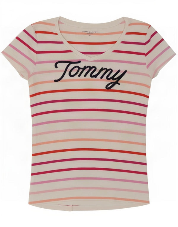 Damska koszulka z grafiką Tommy Hilfiger Top UK 14, średnia, biała bawełna w paski