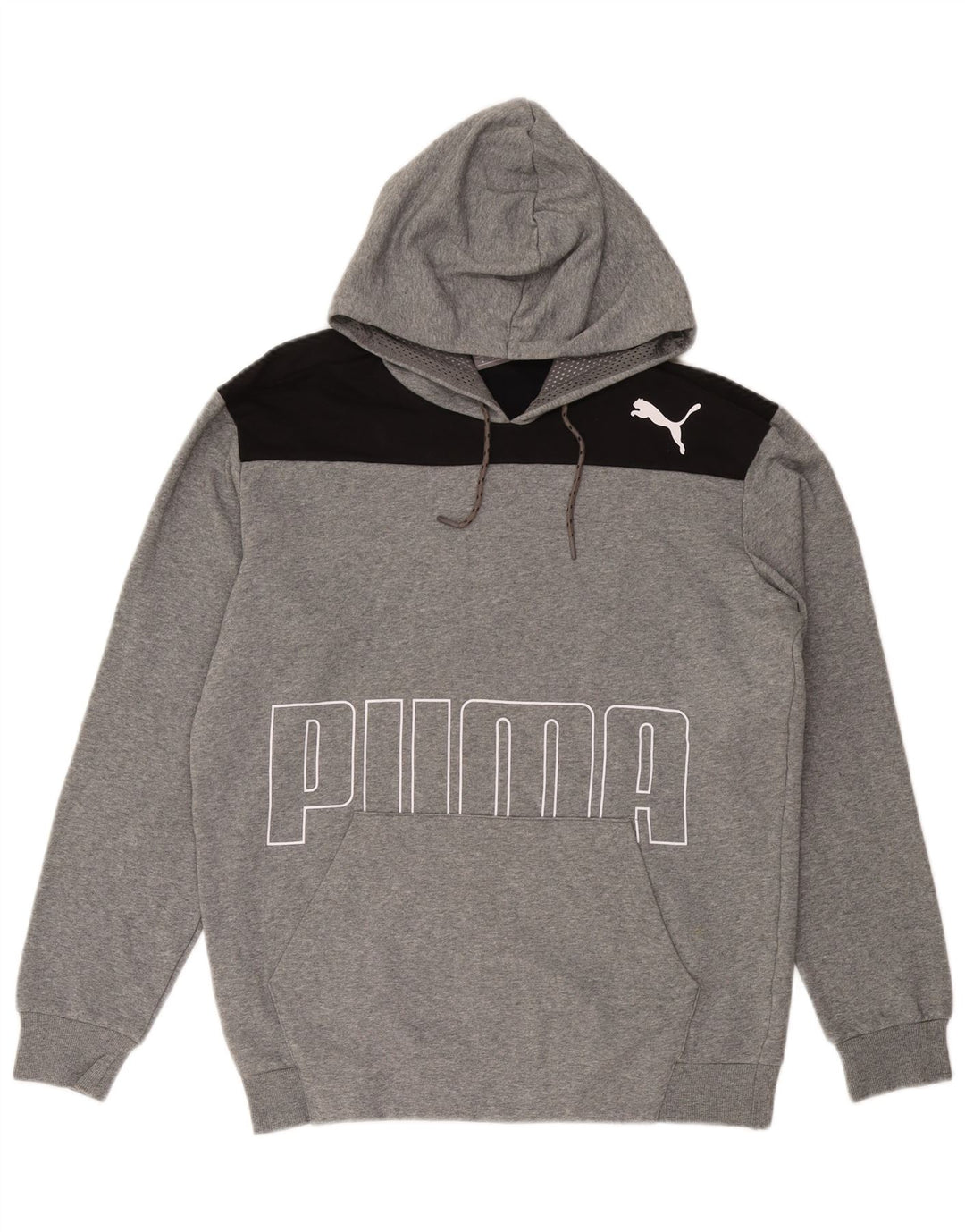 Męski sweter z kapturem i grafiką PUMA, bawełniany, średnioszary, z blokami kolorów