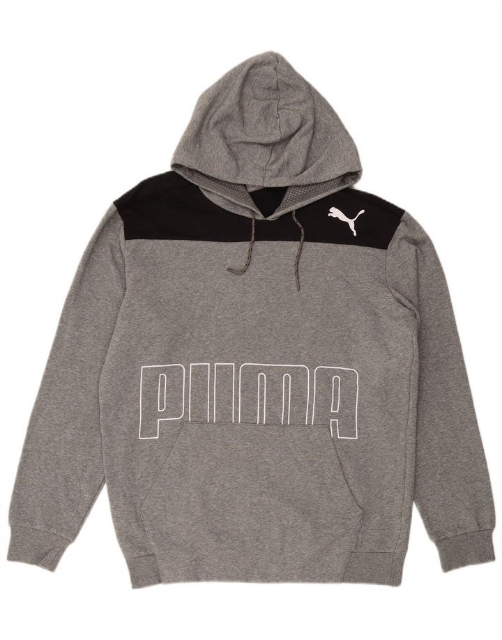 Męski sweter z kapturem i grafiką PUMA, bawełniany, średnioszary, z blokami kolorów