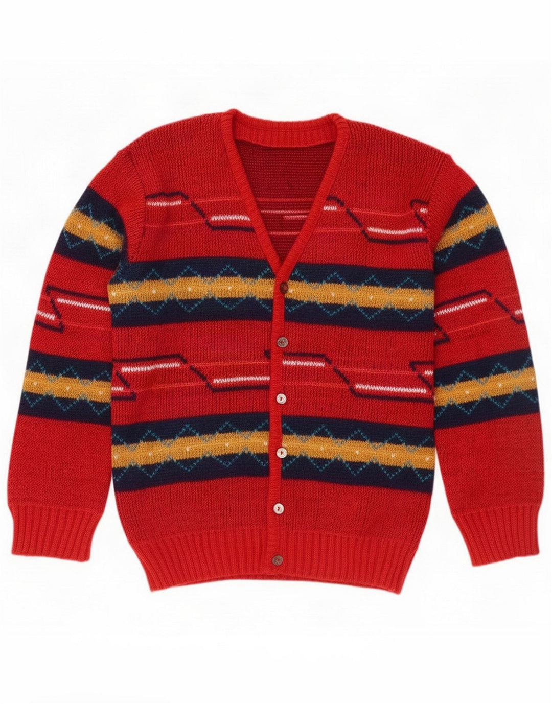 Męski sweter rozpinany w stylu vintage, średni czerwony geometryczny akryl