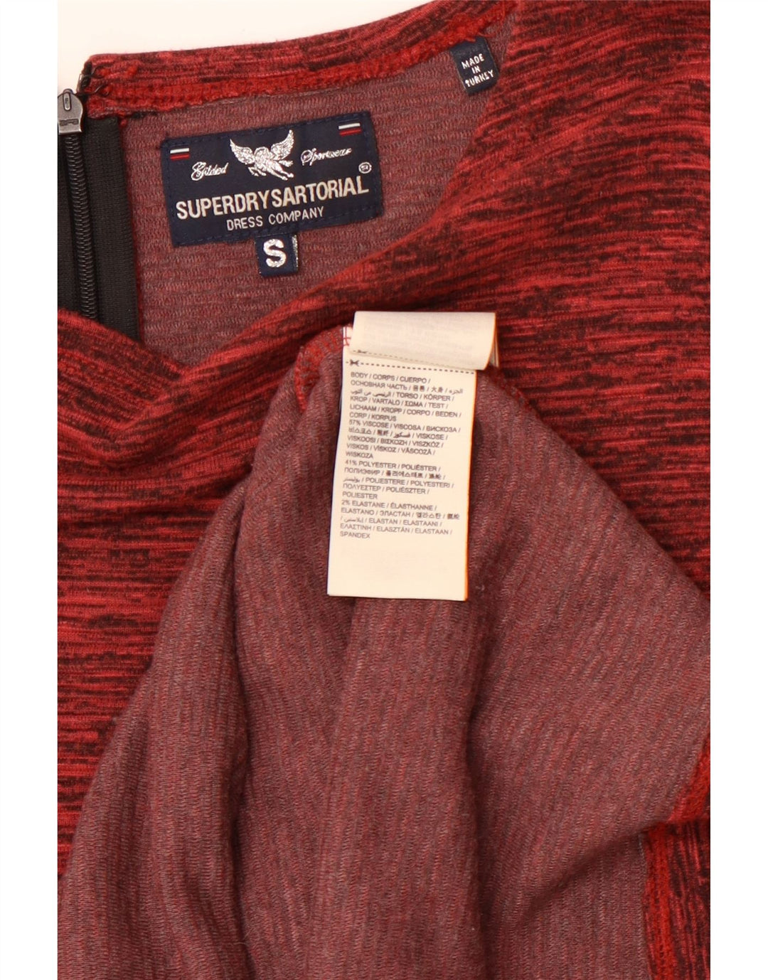 SUPERDRY Damska obcisła sukienka z długim rękawem UK 8, mała, bordowa nakrapiana