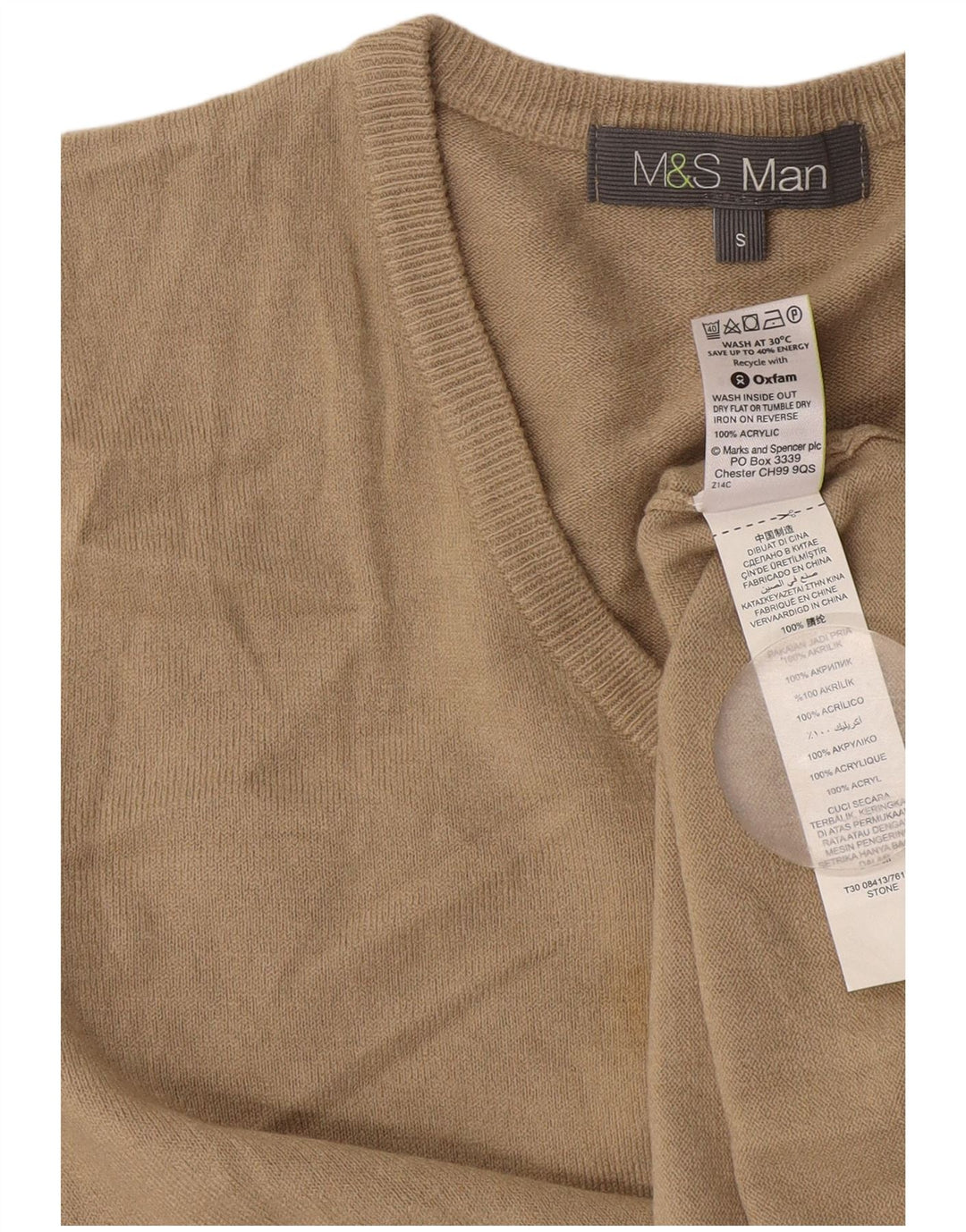 Marks & Spencer Męski sweter z dekoltem w kształcie litery V, mały, beżowy, akrylowy