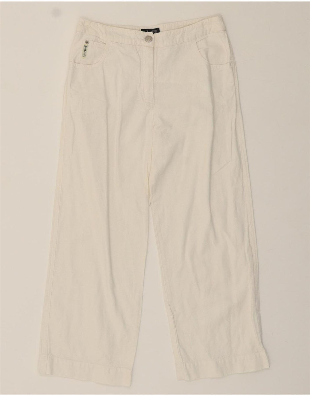 ARMANI Womens Loose Fit Cropped Trousers UK 8 Small W26 L23 White Linen Vintage Armani and Second-Hand Armani from Messina Hembry 