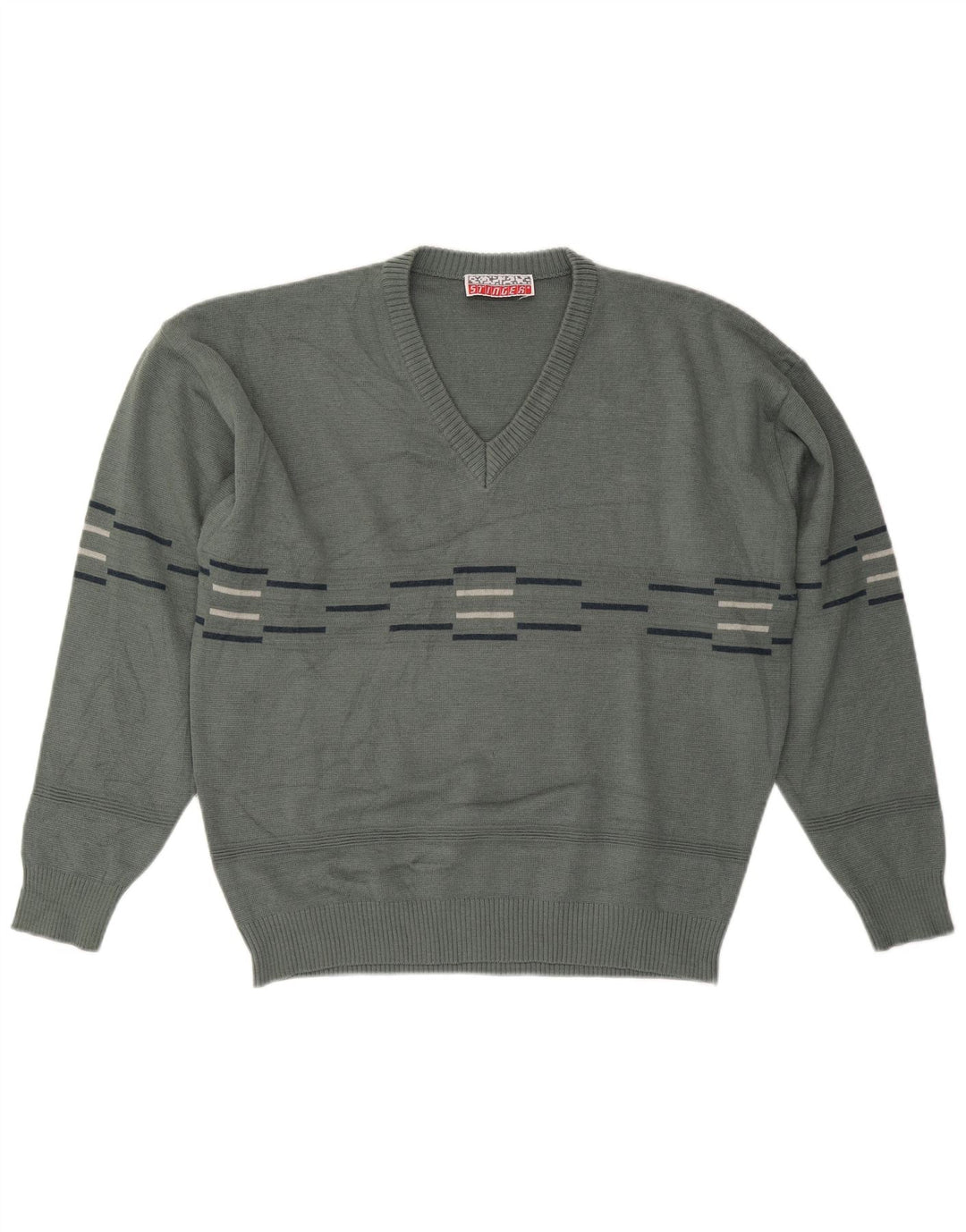 Męski sweter VINTAGE z dekoltem w kształcie litery V, duże, szare paski
