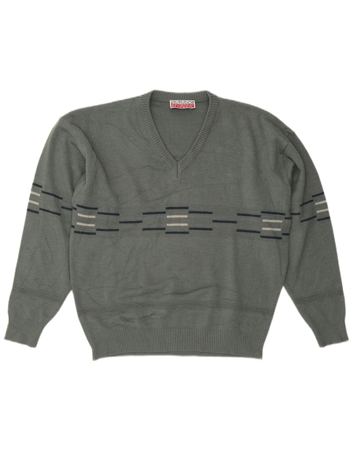 Męski sweter VINTAGE z dekoltem w kształcie litery V, duże, szare paski