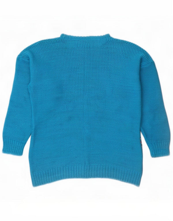 Vintage damski sweter z dekoltem w łódkę UK 14, średni niebieski, geometryczny, bawełniany