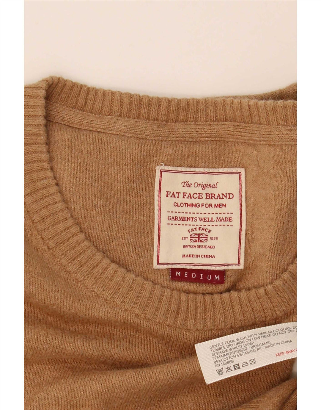 Męski sweter z dekoltem w łódkę Fat Face, średnio beżowy, bawełniany