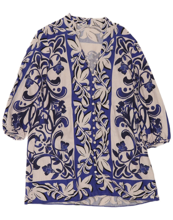 Damska tunika z rękawem 3/4 Zara UK 18 XL Niebieska lniana w kwiaty