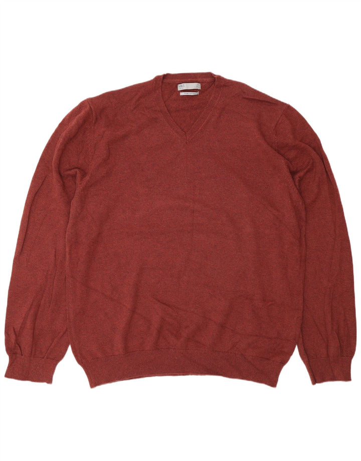 Marks & Spencer Męski sweter z dekoltem w kształcie litery V, 2XL, brązowy, bawełniany