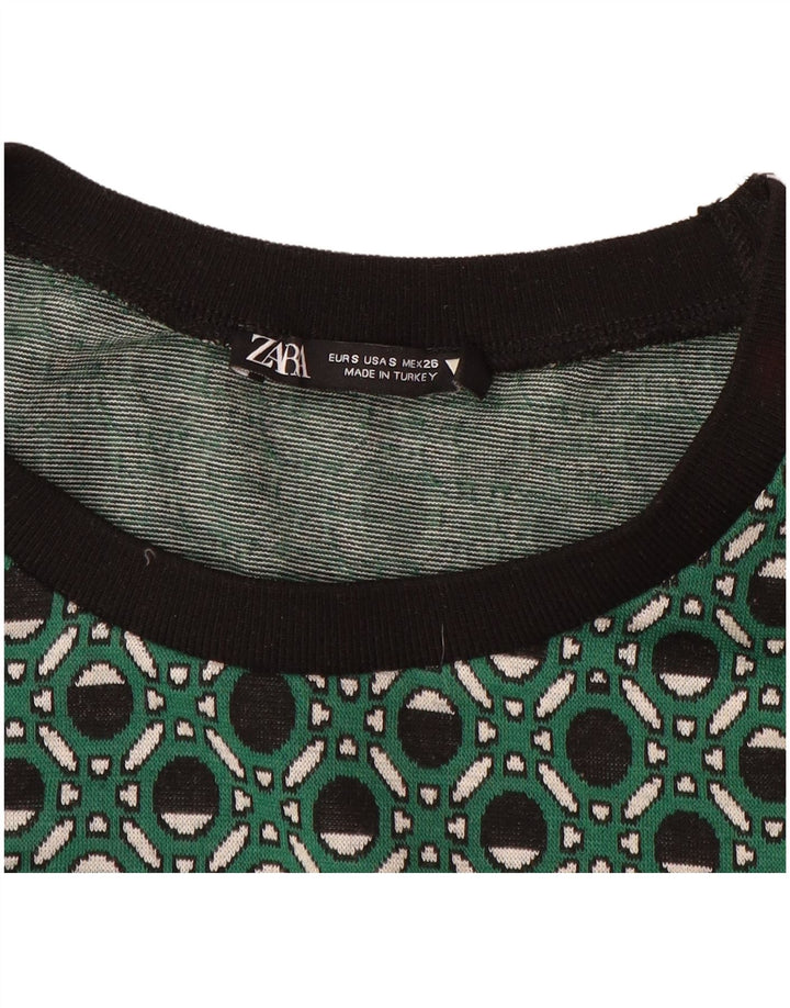 ZARA Womens Crop Blouse Top UK 8 Small Green Geometric Polyester