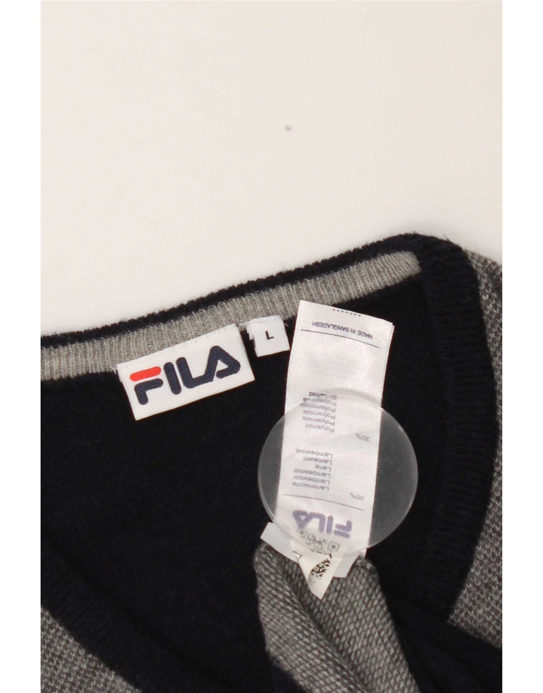 Męski sweter Fila z dekoltem w kształcie litery V, duży, granatowy, z blokami kolorów, wełną jagnięcą