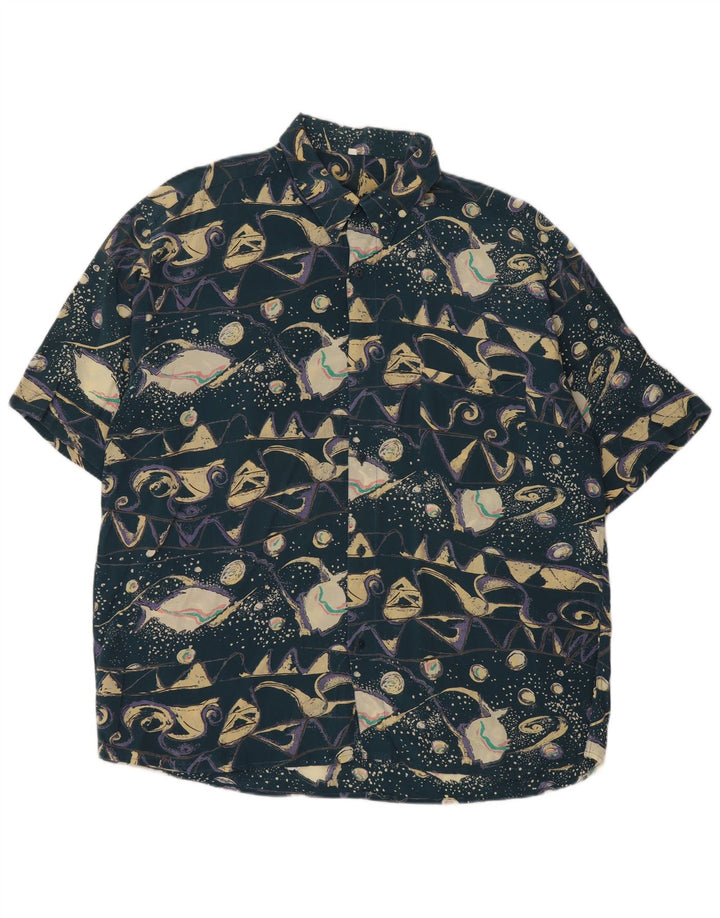 Koszula męska z krótkim rękawem w stylu vintage, abstrakcyjny wzór XL, niebieska wiskoza, retro