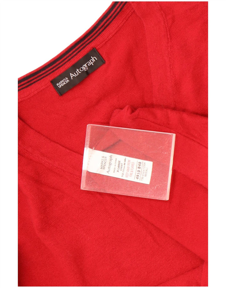 Marks & Spencer Męski sweter z dekoltem w kształcie litery V, z autografem, XL, czerwony, bawełniany