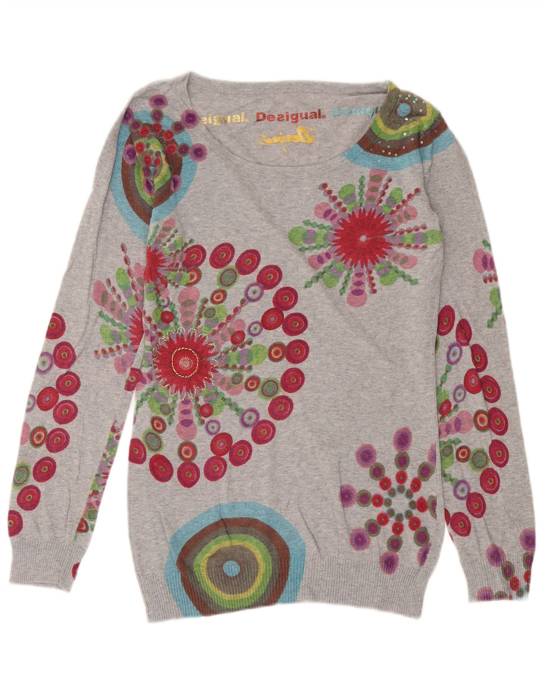 Damski sweter Desigual z dekoltem w łódkę UK 14 Średni szary geometryczny