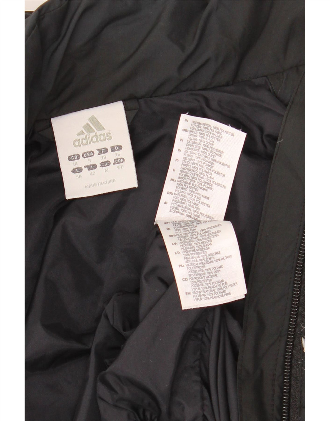 Damska, obszerna, wyściełana kurtka z kapturem ADIDAS UK 10, mała, czarna, z poliestru