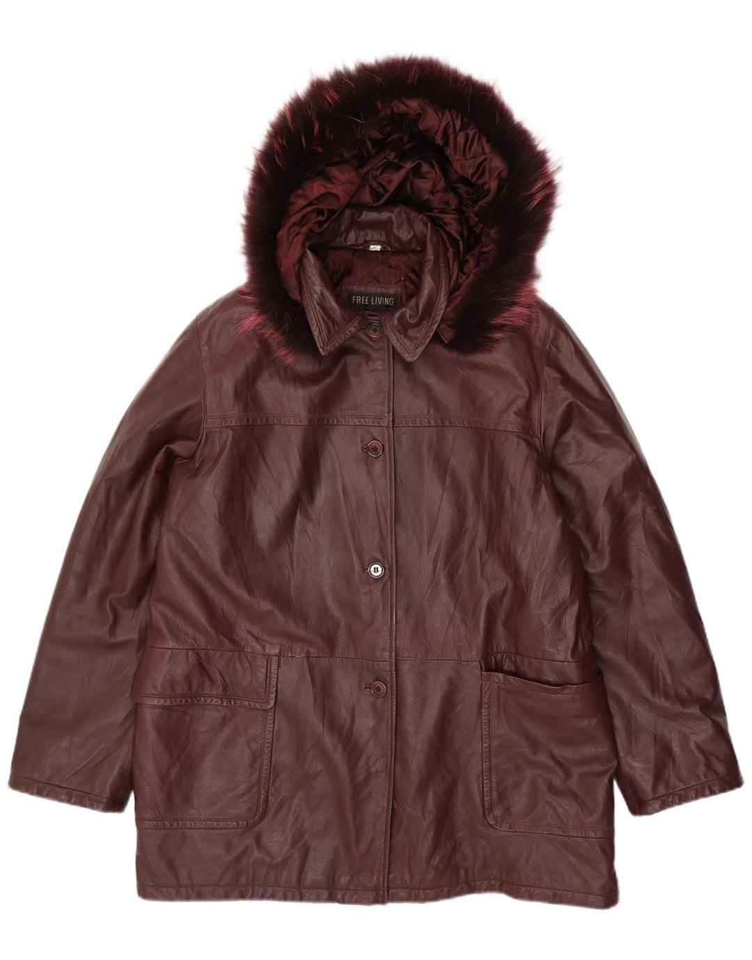 Vintage damski płaszcz skórzany z kapturem, oversize IT 50 XL, bordowa skóra