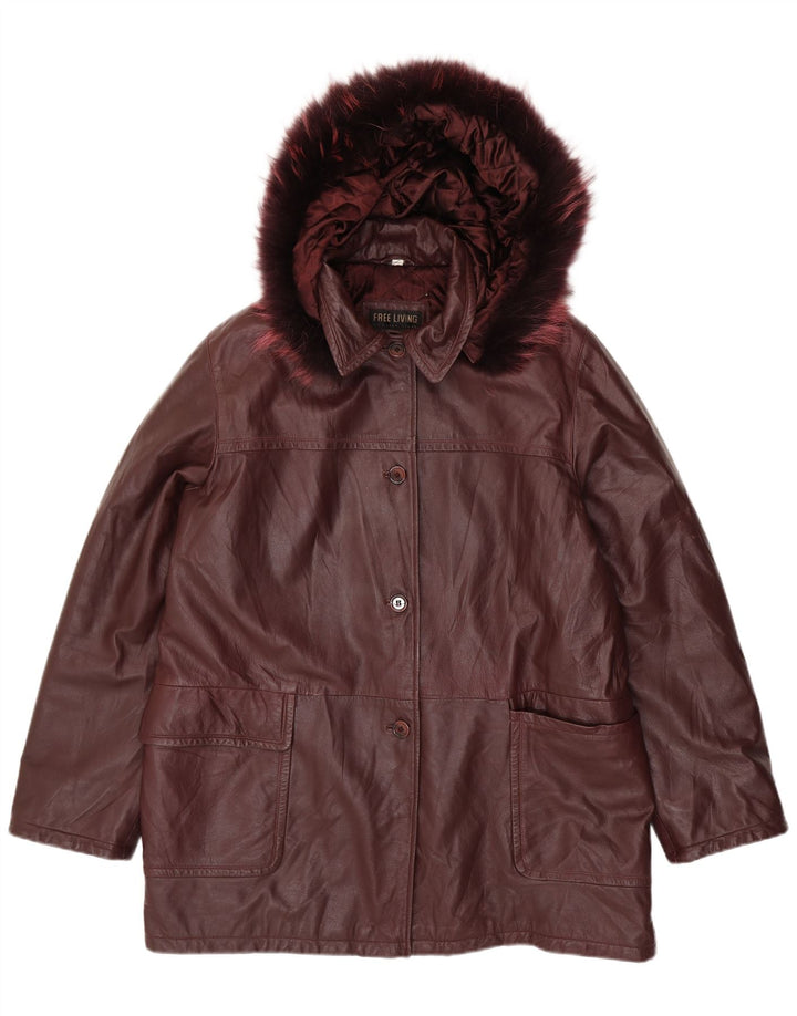 Vintage damski płaszcz skórzany z kapturem, oversize IT 50 XL, bordowa skóra