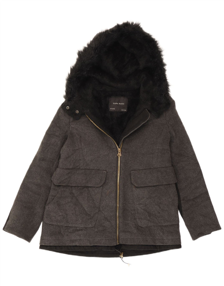 Damska kurtka Zara z kapturem, oversize Sherpa UK 10, mała, szara wełna