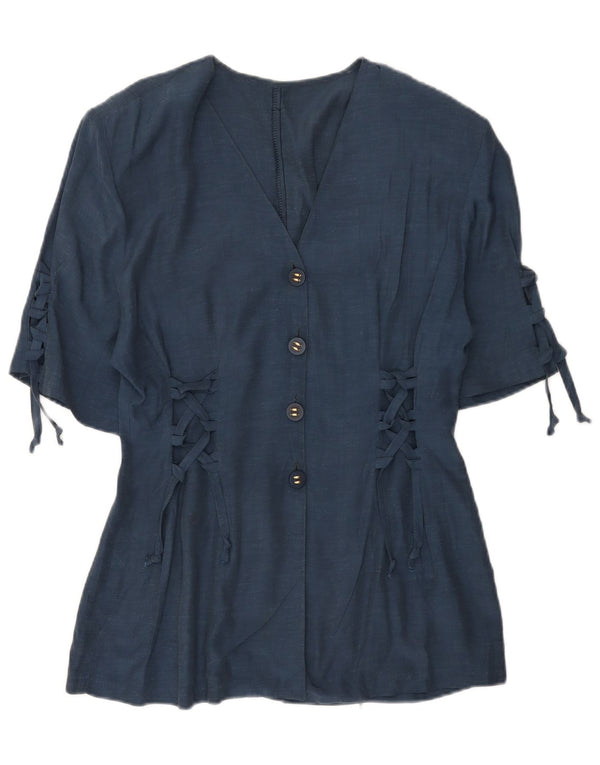 Vintage damska marynarka z krótkim rękawem, zapinana na 4 guziki, UK 12, średni granat