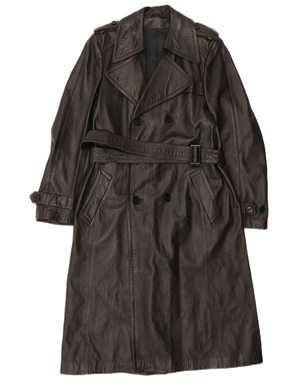 Vintage męski wojskowy dwurzędowy płaszcz skórzany UK 36 Small Black