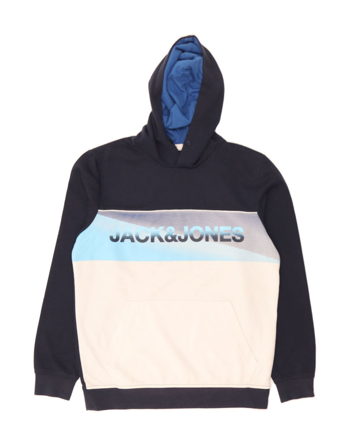JACK & JONES Mens Graphic Hoodie Jumper Medium Navy Blue Colourblock Vintage Jack & Jones and Second-Hand Jack & Jones from Messina Hembry 